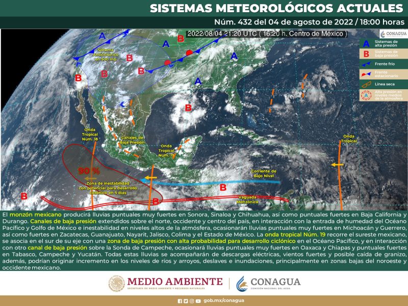 Pronostican lluvias fuertes en zonas de Sinaloa, Chihuahua, Durango y Sonora