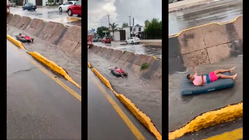 Un hombre aprovechó la lluvia en Chihuahua para pasear en colchón inflable thumbnail