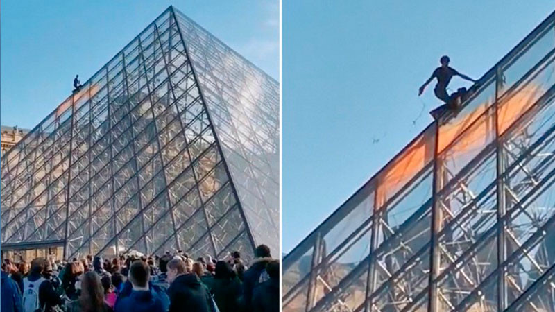 Ambientalistas pintan de naranja la Pirámide del Louvre
